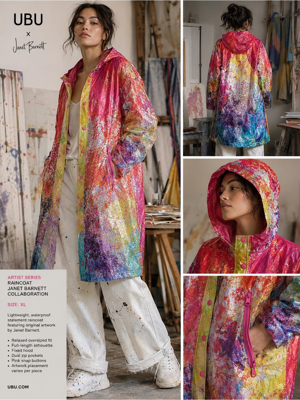 UBU x Janet Barnett vibrant paint splatter raincoat in multicolor rainbow - XL